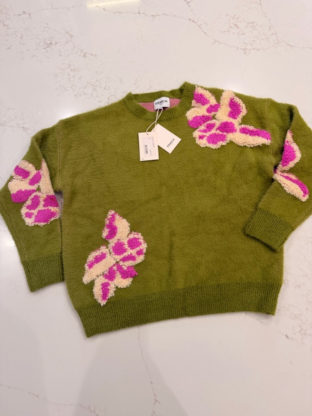 FRNCH Paris Ulyssia Olive Floral Appliqué Fuzzy Sweater NWT Size M spring floral